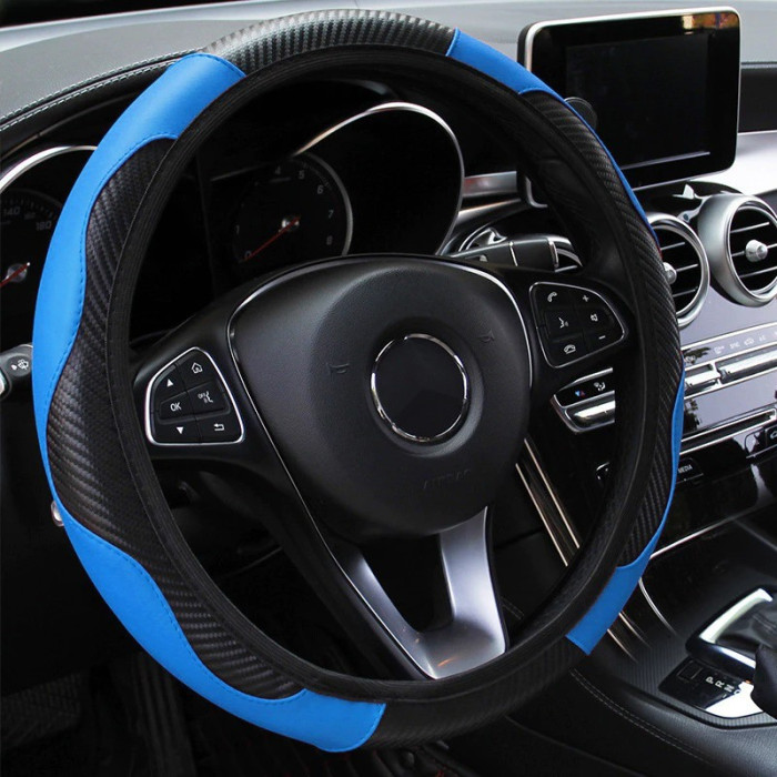 Capa do Volante e Cinto de Segurança Antiderrapante em Fibra de Carbono para Carro Azul
